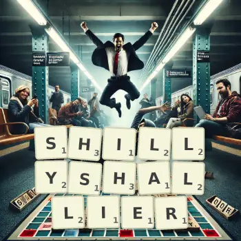 Creative illustration for a Scrabble game with the word SHILLYSHALLIER spelled out in tiles on the board.