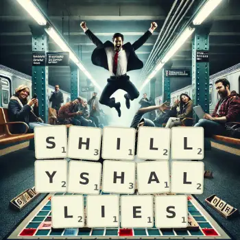 Creative illustration for a Scrabble game with the word SHILLYSHALLIES spelled out in tiles on the board.