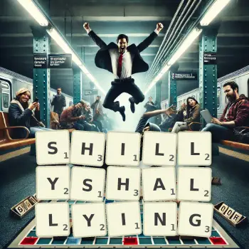 Creative illustration for a Scrabble game with the word SHILLYSHALLYING spelled out in tiles on the board.