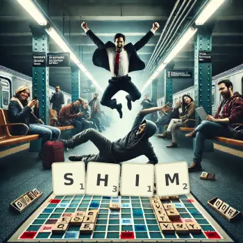 Creative illustration for a Scrabble game with the word SHIM spelled out in tiles on the board.