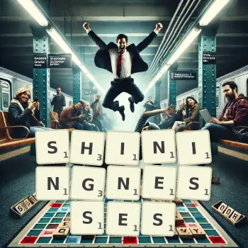 Creative illustration for a Scrabble game with the word SHININGNESSES spelled out in tiles on the board.