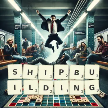 Creative illustration for a Scrabble game with the word SHIPBUILDING spelled out in tiles on the board.