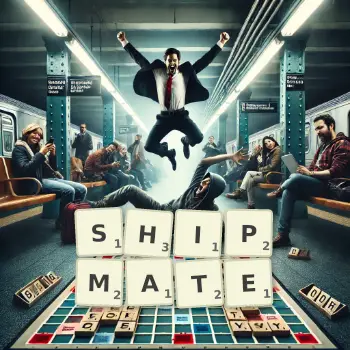 Creative illustration for a Scrabble game with the word SHIPMATE spelled out in tiles on the board.
