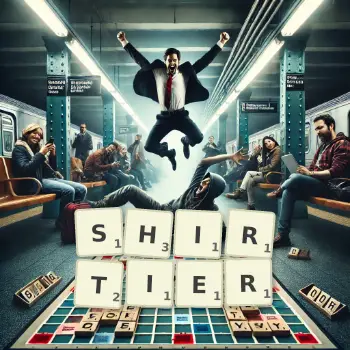 Creative illustration for a Scrabble game with the word SHIRTIER spelled out in tiles on the board.