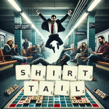 Creative illustration for a Scrabble game with the word SHIRTTAIL spelled out in tiles on the board.