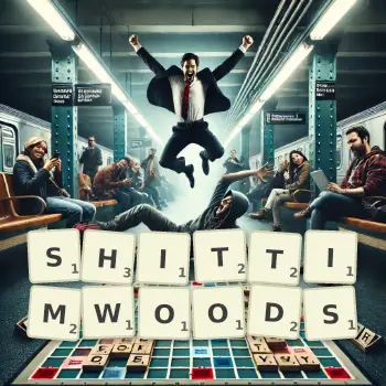 Creative illustration for a Scrabble game with the word SHITTIMWOODS spelled out in tiles on the board.