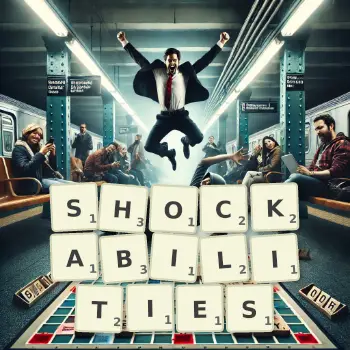 Creative illustration for a Scrabble game with the word SHOCKABILITIES spelled out in tiles on the board.