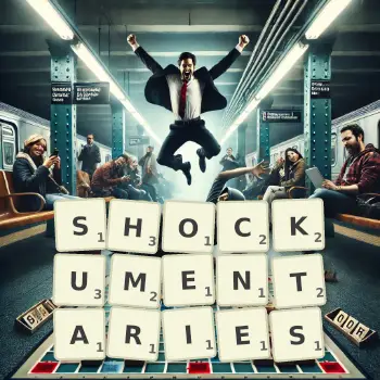 Creative illustration for a Scrabble game with the word SHOCKUMENTARIES spelled out in tiles on the board.