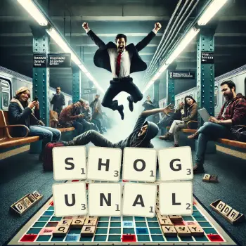 Creative illustration for a Scrabble game with the word SHOGUNAL spelled out in tiles on the board.