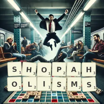 Creative illustration for a Scrabble game with the word SHOPAHOLISMS spelled out in tiles on the board.