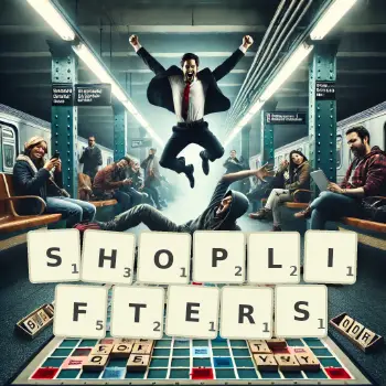 Creative illustration for a Scrabble game with the word SHOPLIFTERS spelled out in tiles on the board.