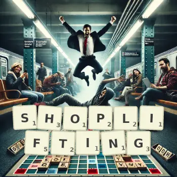 Creative illustration for a Scrabble game with the word SHOPLIFTING spelled out in tiles on the board.
