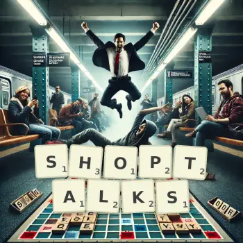 Creative illustration for a Scrabble game with the word SHOPTALKS spelled out in tiles on the board.