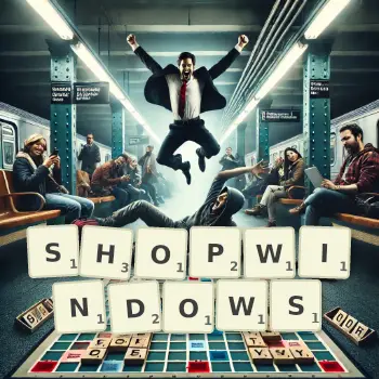 Creative illustration for a Scrabble game with the word SHOPWINDOWS spelled out in tiles on the board.