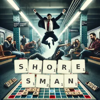 Creative illustration for a Scrabble game with the word SHORESMAN spelled out in tiles on the board.