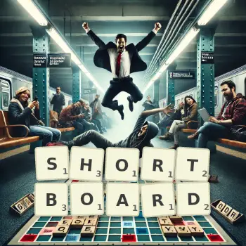 Creative illustration for a Scrabble game with the word SHORTBOARD spelled out in tiles on the board.