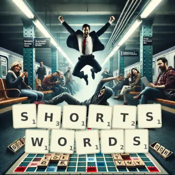 Creative illustration for a Scrabble game with the word SHORTSWORDS spelled out in tiles on the board.