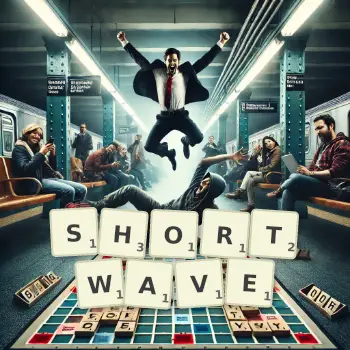 Creative illustration for a Scrabble game with the word SHORTWAVE spelled out in tiles on the board.