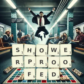 Creative illustration for a Scrabble game with the word SHOWERPROOFED spelled out in tiles on the board.