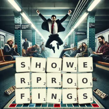 Creative illustration for a Scrabble game with the word SHOWERPROOFINGS spelled out in tiles on the board.