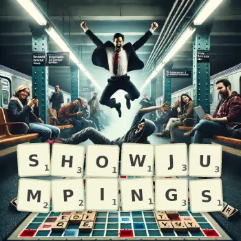 Creative illustration for a Scrabble game with the word SHOWJUMPINGS spelled out in tiles on the board.