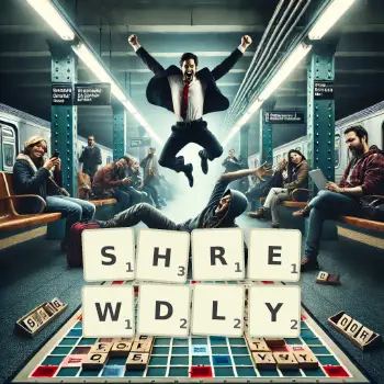 Creative illustration for a Scrabble game with the word SHREWDLY spelled out in tiles on the board.
