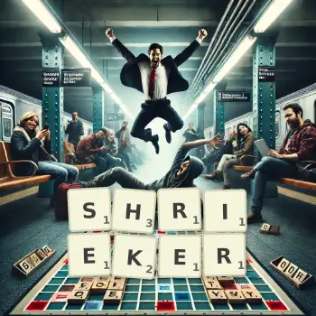 Creative illustration for a Scrabble game with the word SHRIEKER spelled out in tiles on the board.