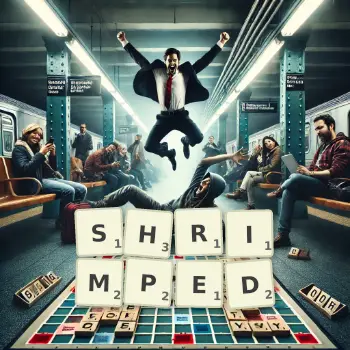 Creative illustration for a Scrabble game with the word SHRIMPED spelled out in tiles on the board.