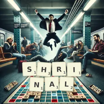 Creative illustration for a Scrabble game with the word SHRINAL spelled out in tiles on the board.