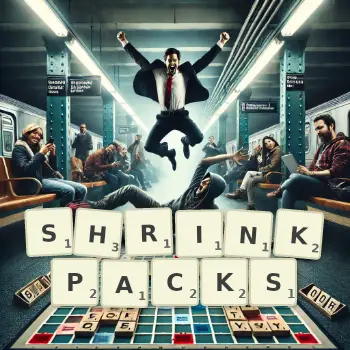 Creative illustration for a Scrabble game with the word SHRINKPACKS spelled out in tiles on the board.