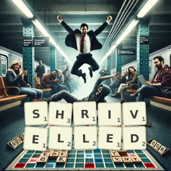 Creative illustration for a Scrabble game with the word SHRIVELLED spelled out in tiles on the board.