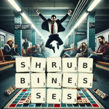 Creative illustration for a Scrabble game with the word SHRUBBINESSES spelled out in tiles on the board.