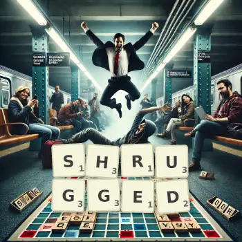 Creative illustration for a Scrabble game with the word SHRUGGED spelled out in tiles on the board.
