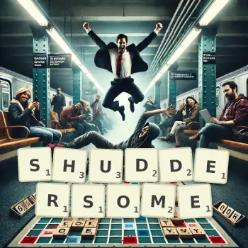 Creative illustration for a Scrabble game with the word SHUDDERSOME spelled out in tiles on the board.