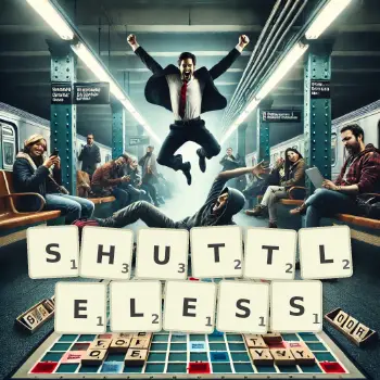 Creative illustration for a Scrabble game with the word SHUTTLELESS spelled out in tiles on the board.
