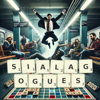 Creative illustration for a Scrabble game with the word SIALAGOGUES spelled out in tiles on the board.