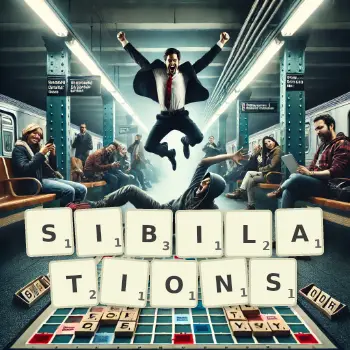 Creative illustration for a Scrabble game with the word SIBILATIONS spelled out in tiles on the board.