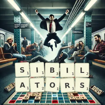 Creative illustration for a Scrabble game with the word SIBILATORS spelled out in tiles on the board.