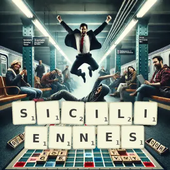 Creative illustration for a Scrabble game with the word SICILIENNES spelled out in tiles on the board.