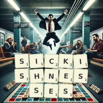 Creative illustration for a Scrabble game with the word SICKISHNESSES spelled out in tiles on the board.