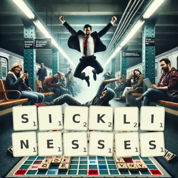 Creative illustration for a Scrabble game with the word SICKLINESSES spelled out in tiles on the board.