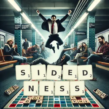 Creative illustration for a Scrabble game with the word SIDEDNESS spelled out in tiles on the board.