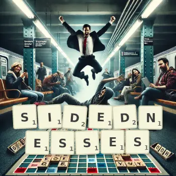 Creative illustration for a Scrabble game with the word SIDEDNESSES spelled out in tiles on the board.