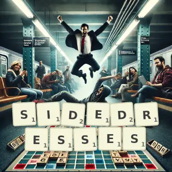 Creative illustration for a Scrabble game with the word SIDEDRESSES spelled out in tiles on the board.