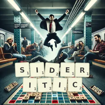 Creative illustration for a Scrabble game with the word SIDERITIC spelled out in tiles on the board.