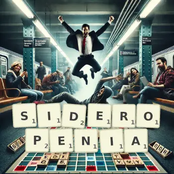 Creative illustration for a Scrabble game with the word SIDEROPENIA spelled out in tiles on the board.