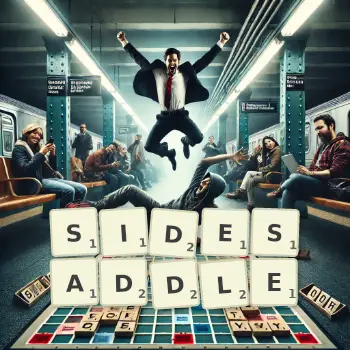 Creative illustration for a Scrabble game with the word SIDESADDLE spelled out in tiles on the board.