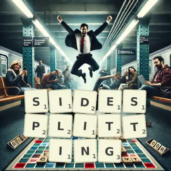Creative illustration for a Scrabble game with the word SIDESPLITTING spelled out in tiles on the board.