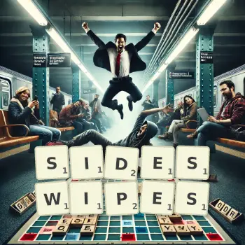 Creative illustration for a Scrabble game with the word SIDESWIPES spelled out in tiles on the board.