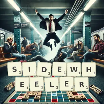 Creative illustration for a Scrabble game with the word SIDEWHEELER spelled out in tiles on the board.